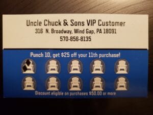 VIP Puch card for uncle chucks furniture